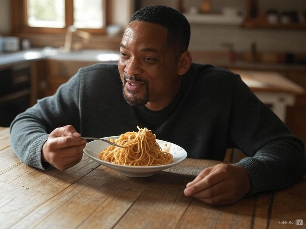 Image of Will Smith eating spaghetti, AI generated using xAI Grok 2.